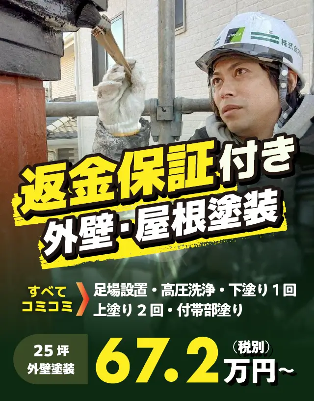 返金保証付き外壁・屋根塗装 すべてコミコミ　足場設置・高圧洗浄・下塗り1回・上塗り2回・付帯部塗り　25坪外壁塗装67.2万円（税別）