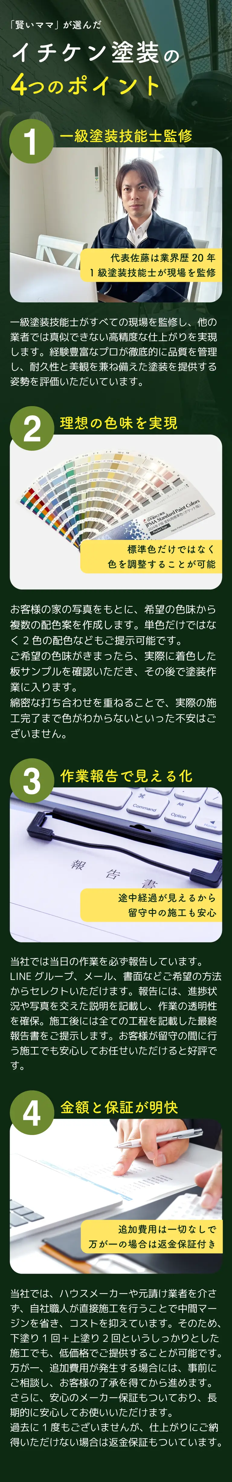 「かっこいいパパ」が選んだイチケン塗装の4つのポイント 1.一級塗装技能士監修 2.理想の色味を実現 3.作業報告で見える化 4.金額と保証が明快